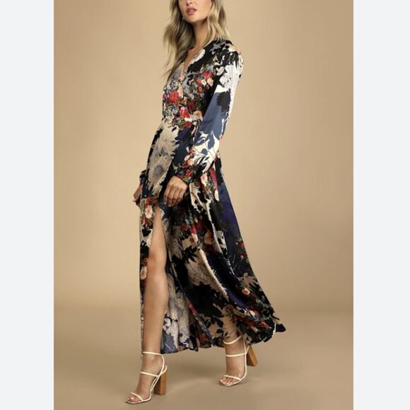 Lulus Put on a Smile Blue Floral Print Satin Wrap Maxi Dress Long Sleeves Medium - Picture 1 of 15